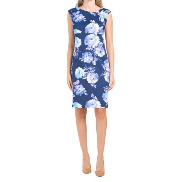 SLNY Womens Blue White Floral Cap Sleeve Scuba Sheath Midi Dress Sz 16 New - Picture 1 of 8